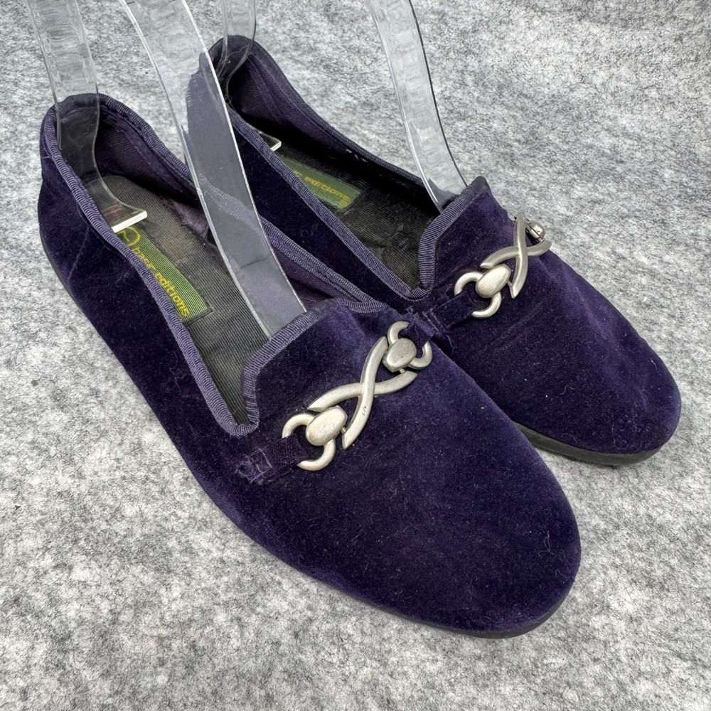 VTG 90s Purple Velvet Loafer Shoes Womens Sz 7 Slip On Old Money Horse Bit Lux